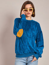 Blue Elbow Patch Fur Round Neck Sweatshirt-SASSAFRAS