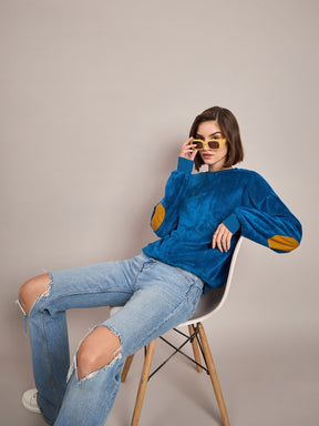 Blue Elbow Patch Fur Round Neck Sweatshirt-SASSAFRAS