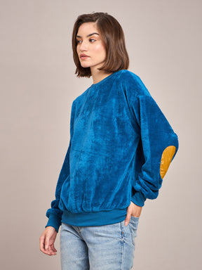 Blue Elbow Patch Fur Round Neck Sweatshirt-SASSAFRAS