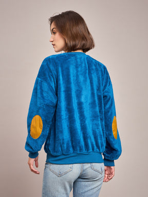 Blue Elbow Patch Fur Round Neck Sweatshirt-SASSAFRAS