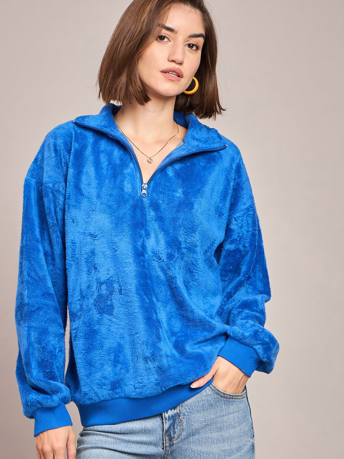 Royal Blue Front Zipper High Neck Sweatshirt-SASSAFRAS