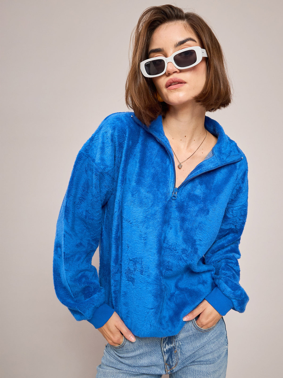 Royal Blue Front Zipper High Neck Sweatshirt-SASSAFRAS