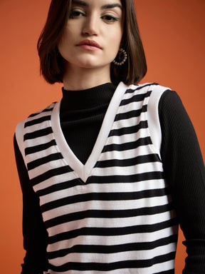 Black & White Striped V-Neck Sleeveless Sweater-SASSAFRAS