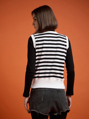 Black & White Striped V-Neck Sleeveless Sweater-SASSAFRAS