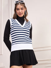 Navy & White Striped V-Neck Sleeveless Sweater-SASSAFRAS