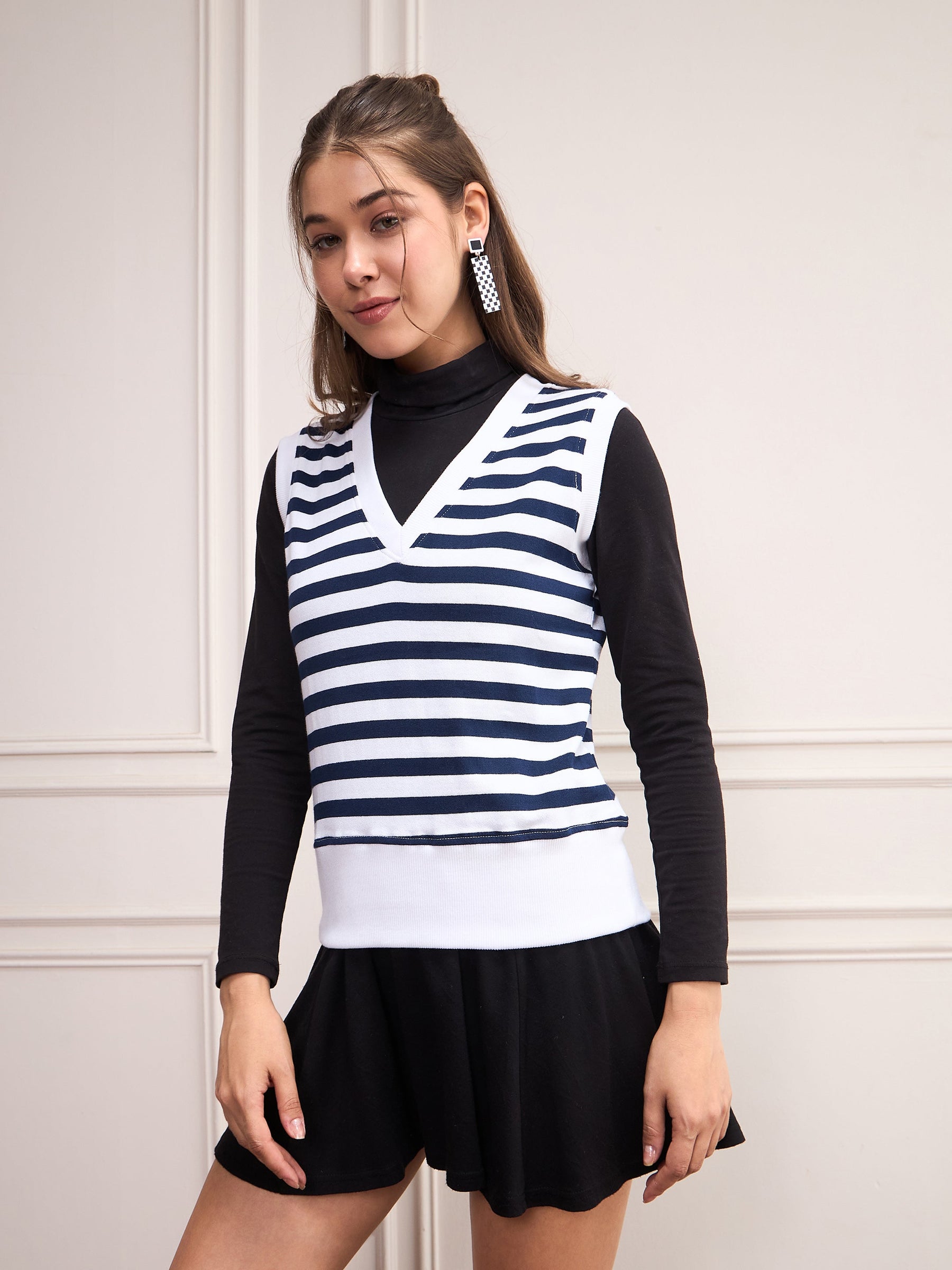 Navy & White Striped V-Neck Sleeveless Sweater-SASSAFRAS