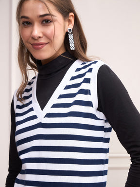 Navy & White Striped V-Neck Sleeveless Sweater-SASSAFRAS