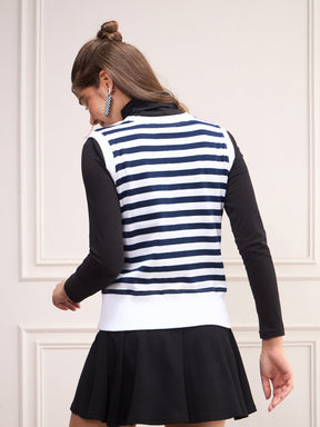 Navy & White Striped V-Neck Sleeveless Sweater-SASSAFRAS