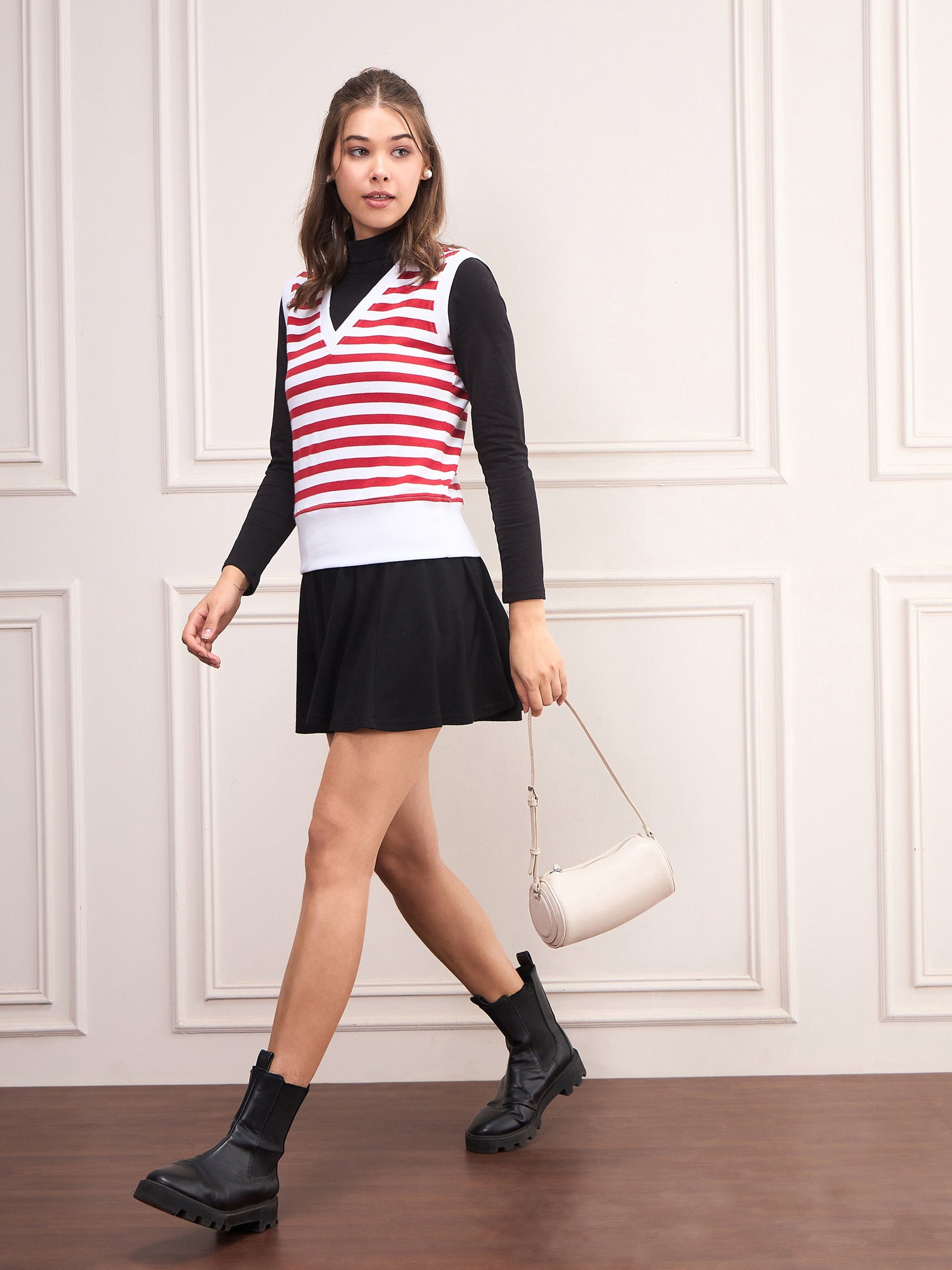 Red & White Striped V-Neck Sleeveless Sweater-SASSAFRAS