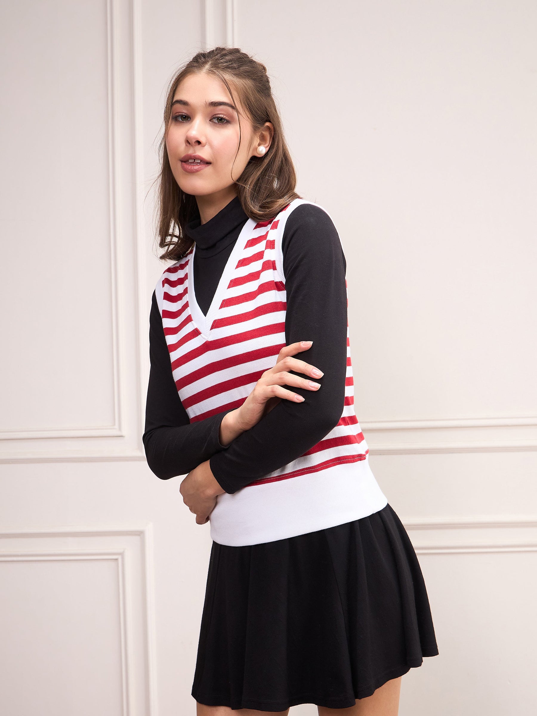 Red & White Striped V-Neck Sleeveless Sweater-SASSAFRAS