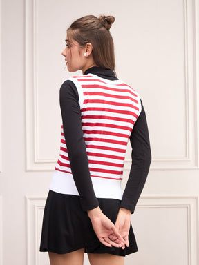 Red & White Striped V-Neck Sleeveless Sweater-SASSAFRAS