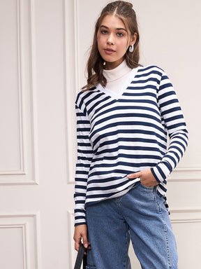 Navy & White Striped Sweater-SASSAFRAS