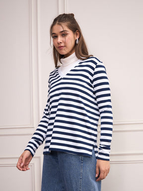 Navy & White Striped Sweater-SASSAFRAS