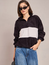 Black Fur Colour Block High Neck Sweatshirt-SASSAFRAS