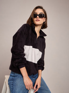 Black Fur Colour Block High Neck Sweatshirt-SASSAFRAS