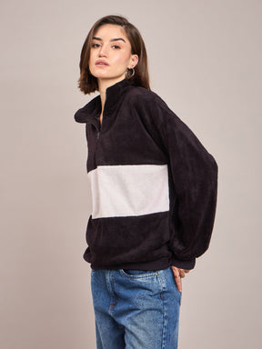 Black Fur Colour Block High Neck Sweatshirt-SASSAFRAS