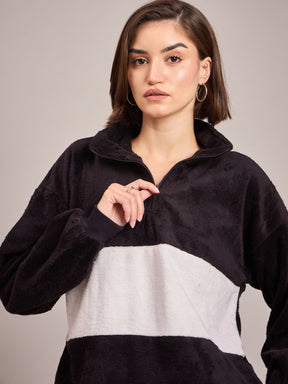 Black Fur Colour Block High Neck Sweatshirt-SASSAFRAS