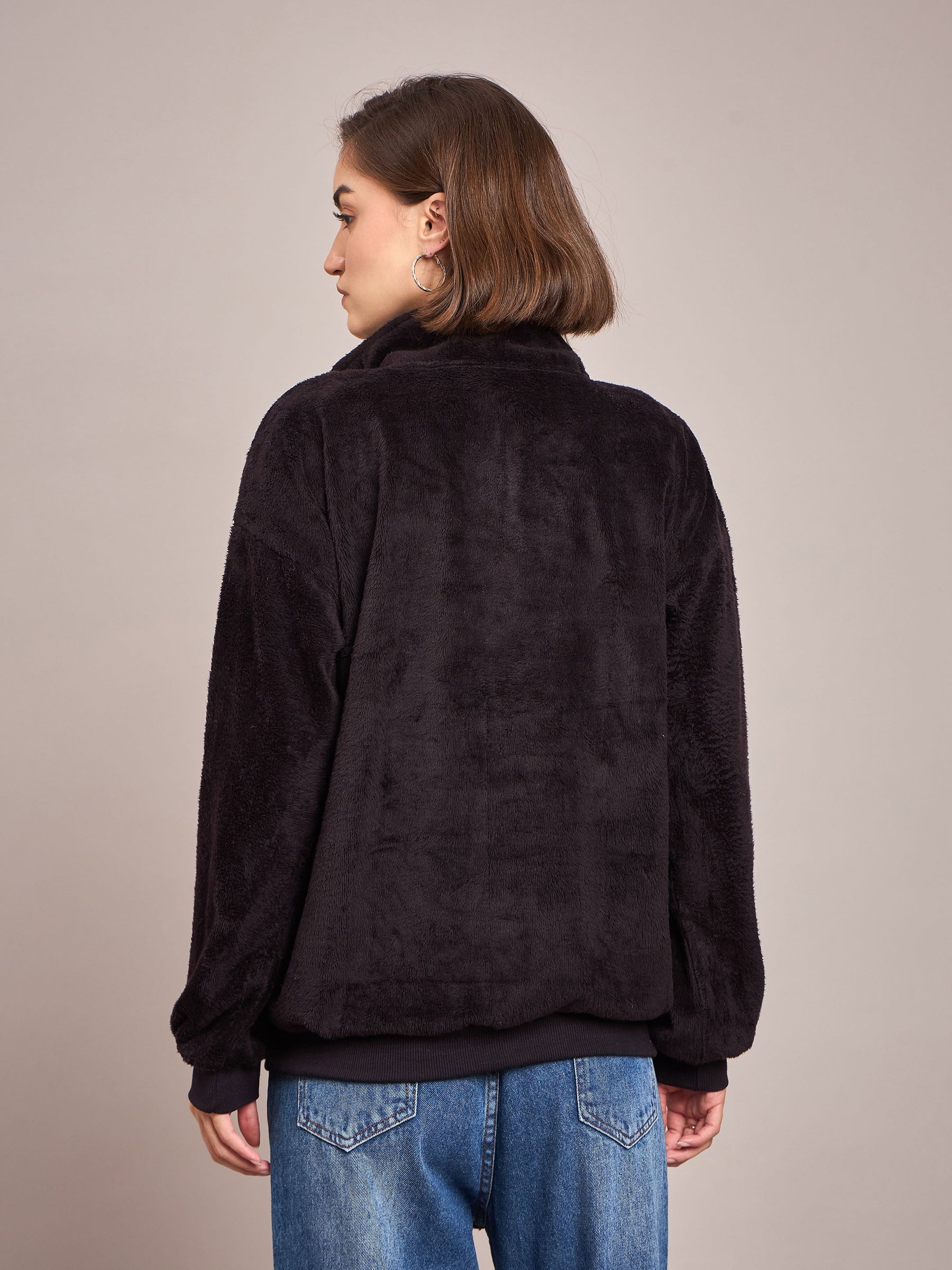 Black Fur Colour Block High Neck Sweatshirt-SASSAFRAS