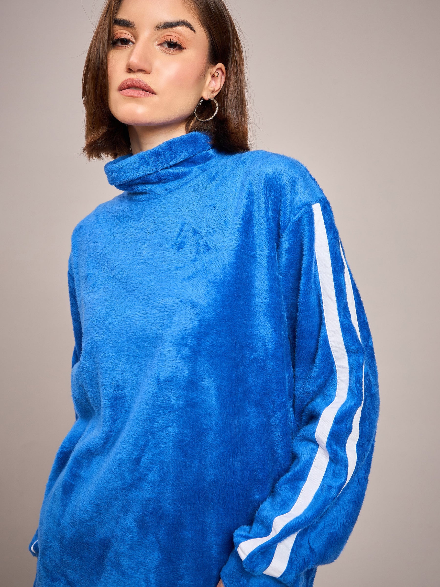 Royal Blue Fur Contrast Tape High Neck Sweatshirt-SASSAFRAS