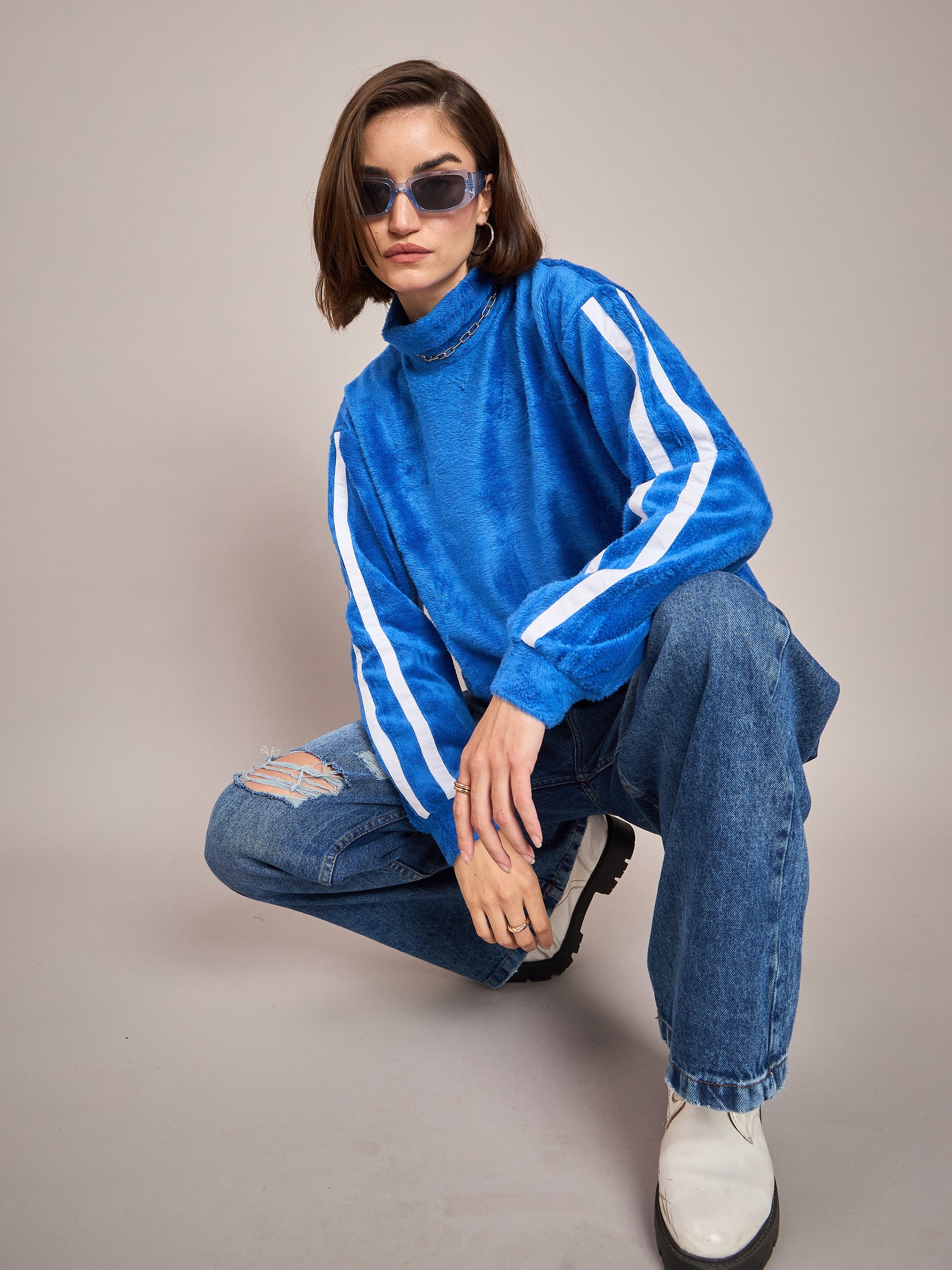 Royal Blue Fur Contrast Tape High Neck Sweatshirt-SASSAFRAS