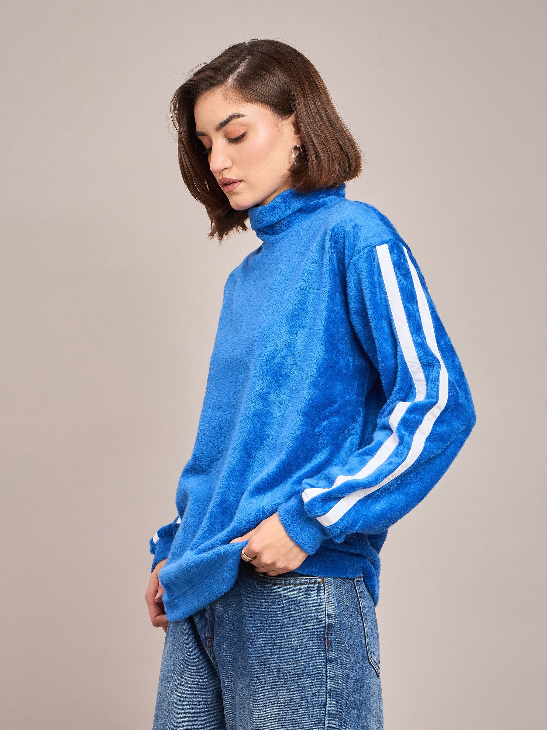 Royal Blue Fur Contrast Tape High Neck Sweatshirt-SASSAFRAS