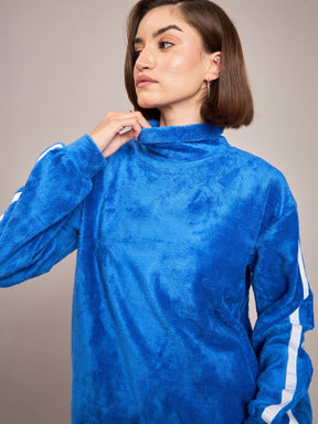 Royal Blue Fur Contrast Tape High Neck Sweatshirt-SASSAFRAS