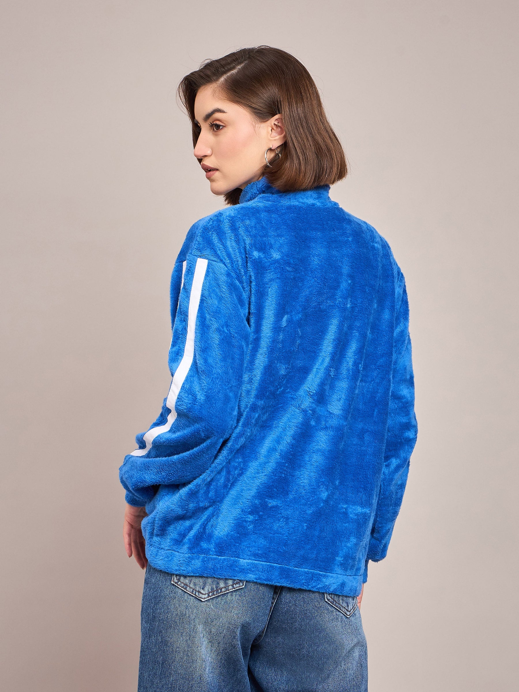 Royal Blue Fur Contrast Tape High Neck Sweatshirt-SASSAFRAS