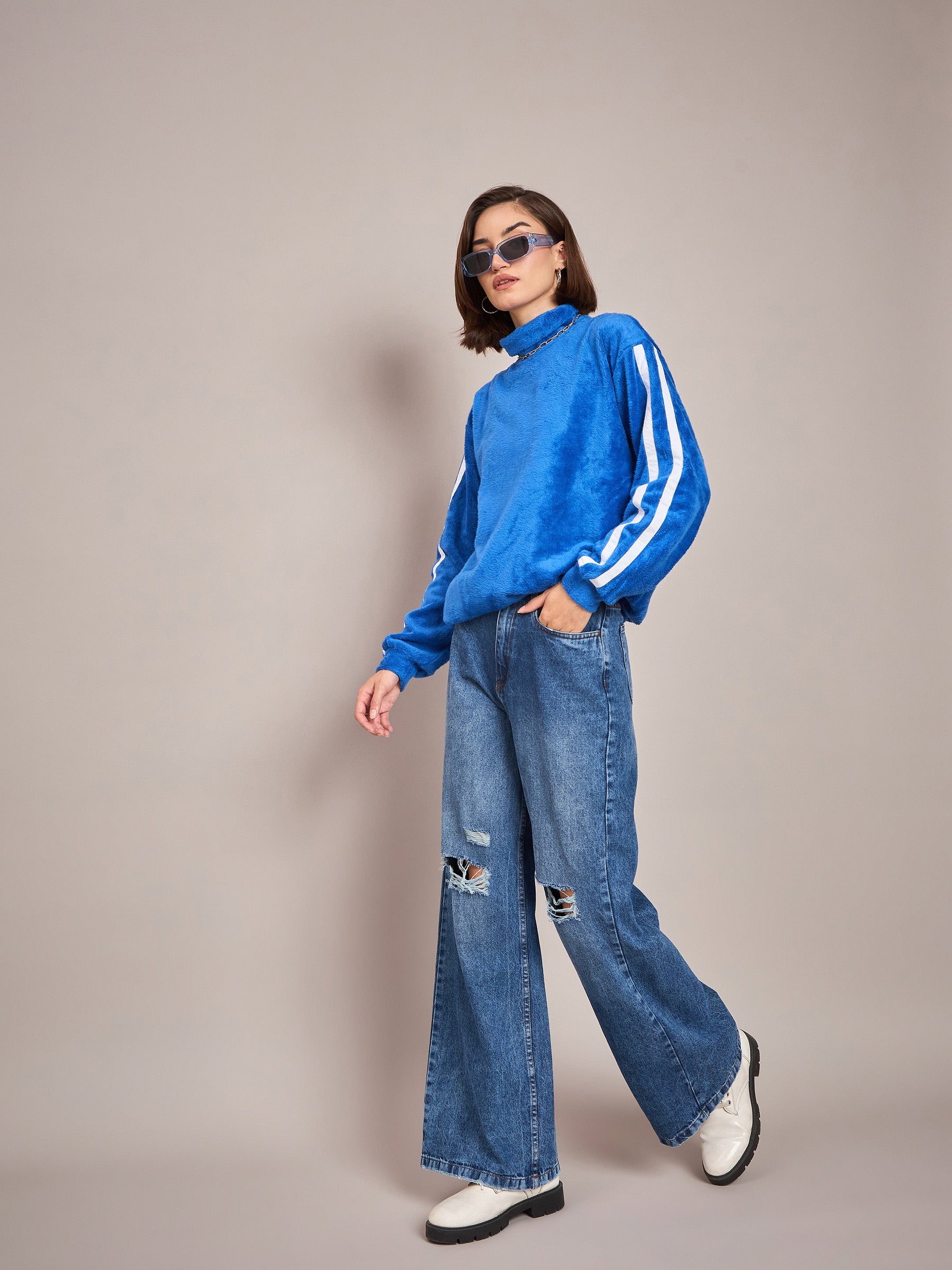 Royal Blue Fur Contrast Tape High Neck Sweatshirt-SASSAFRAS