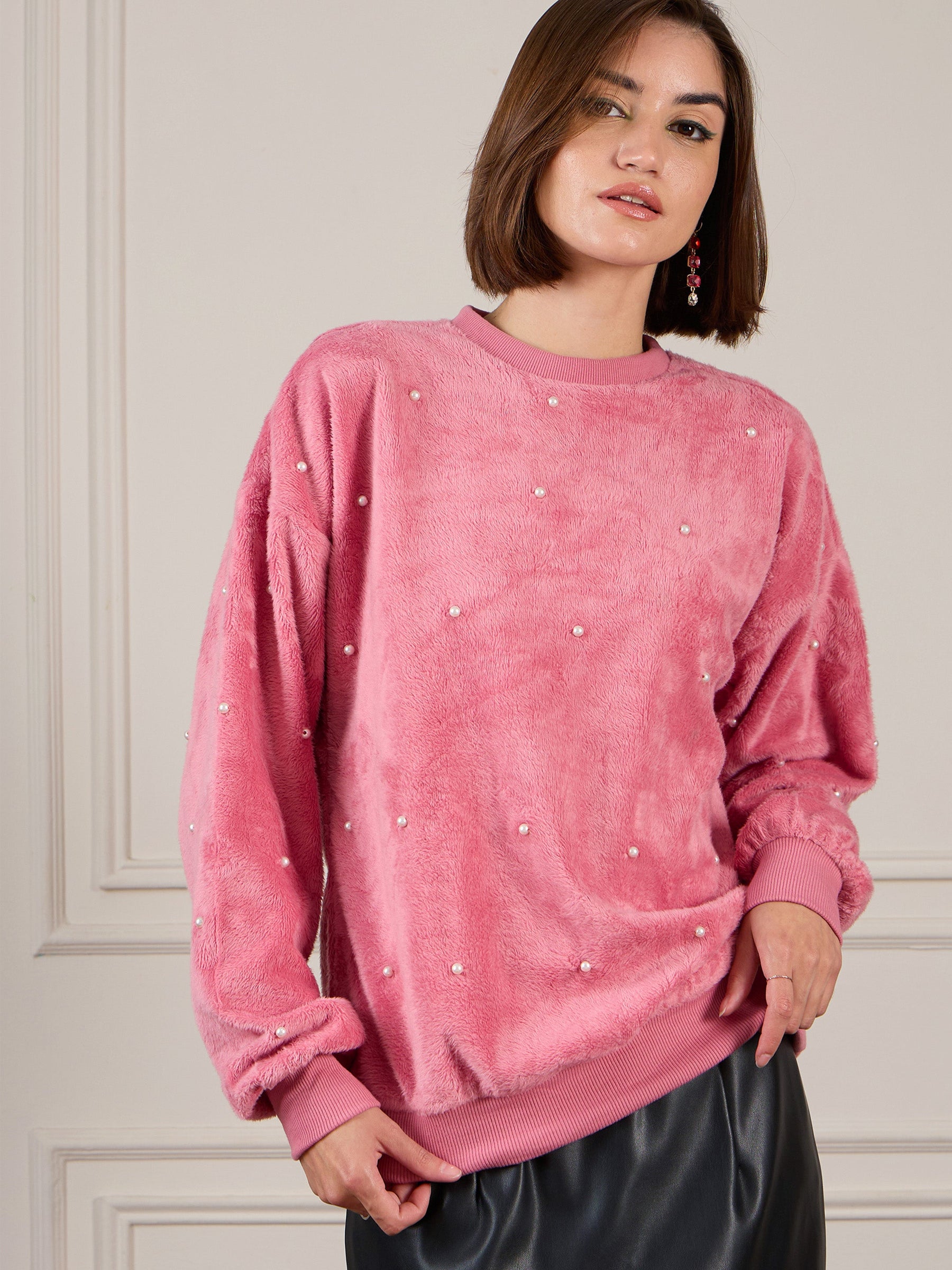 Pink Fur Pearl Sweatshirt-SASSAFRAS