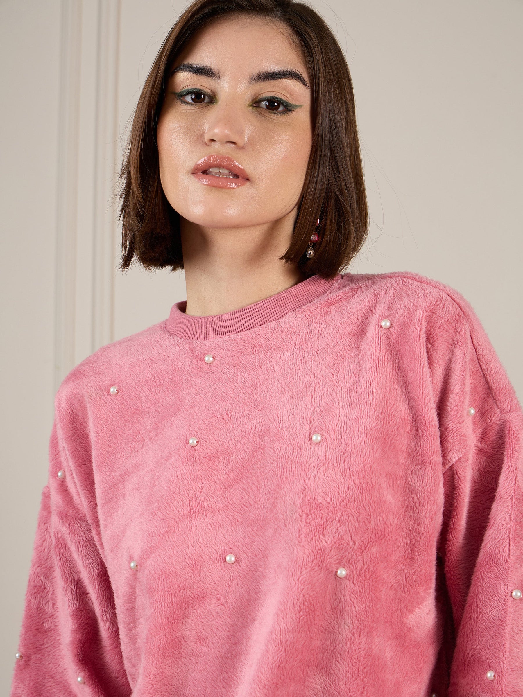 Pink Fur Pearl Sweatshirt-SASSAFRAS