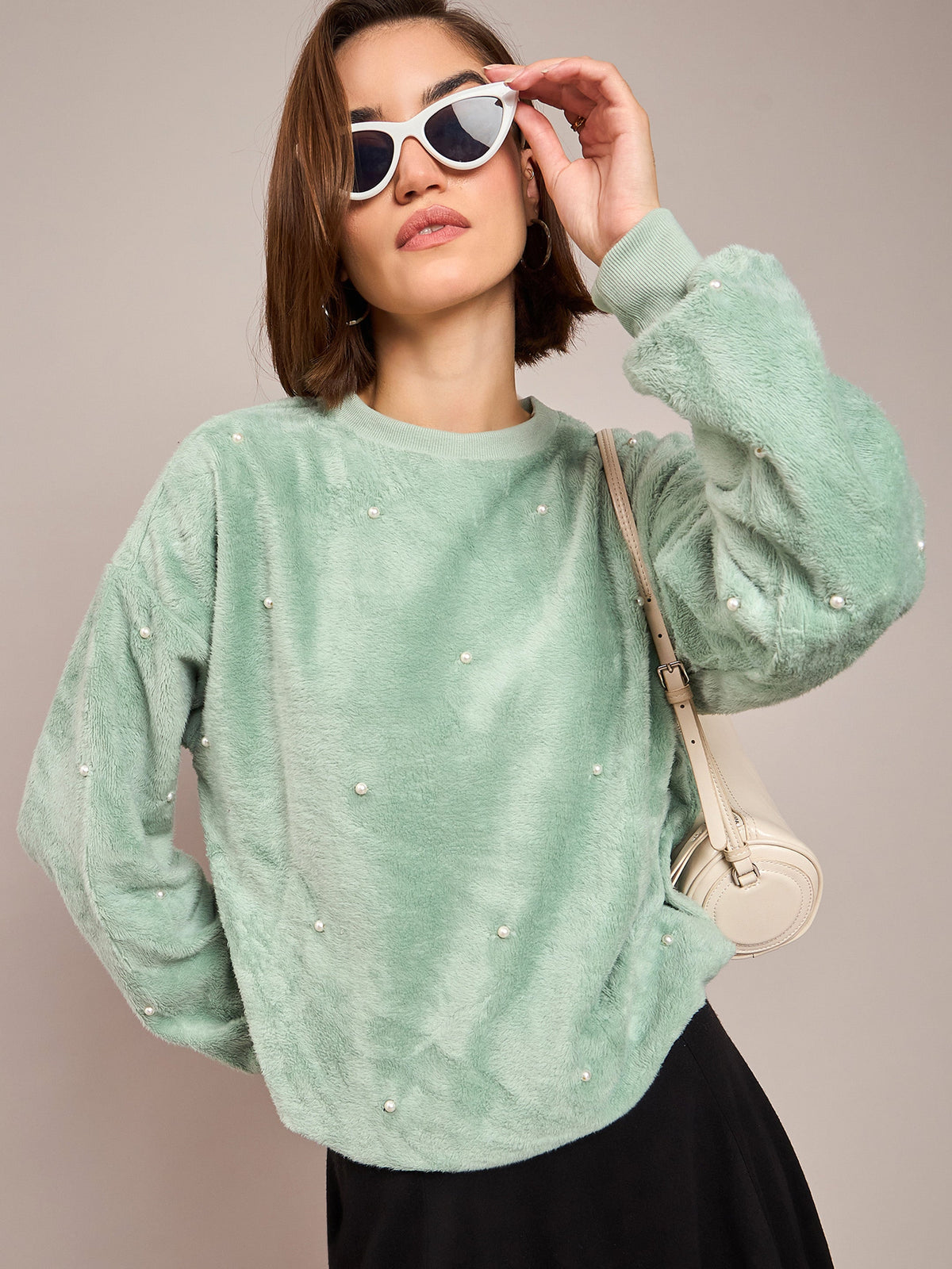 Sea Green Fur Pearl Sweatshirt-SASSAFRAS