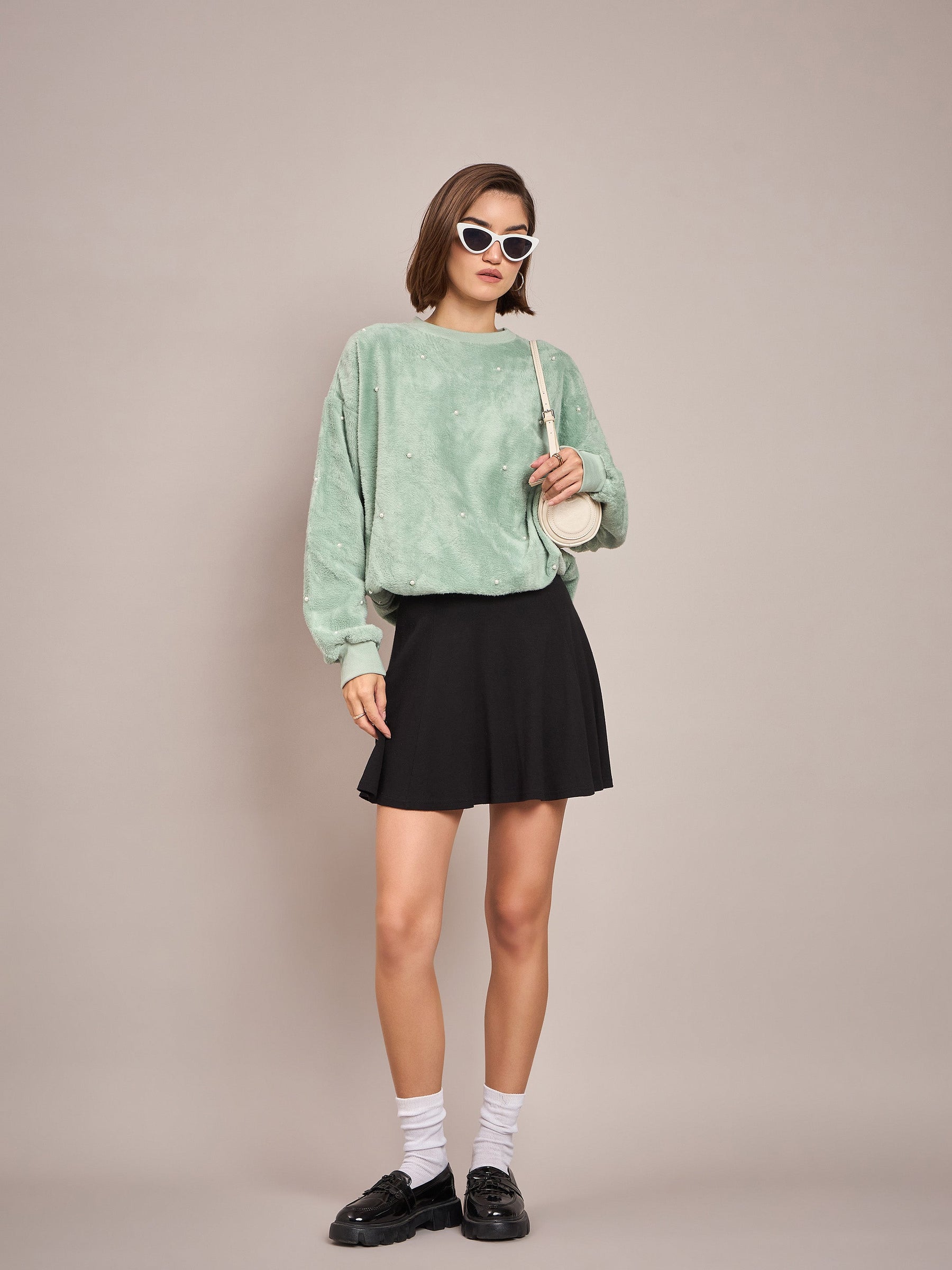 Sea Green Fur Pearl Sweatshirt-SASSAFRAS