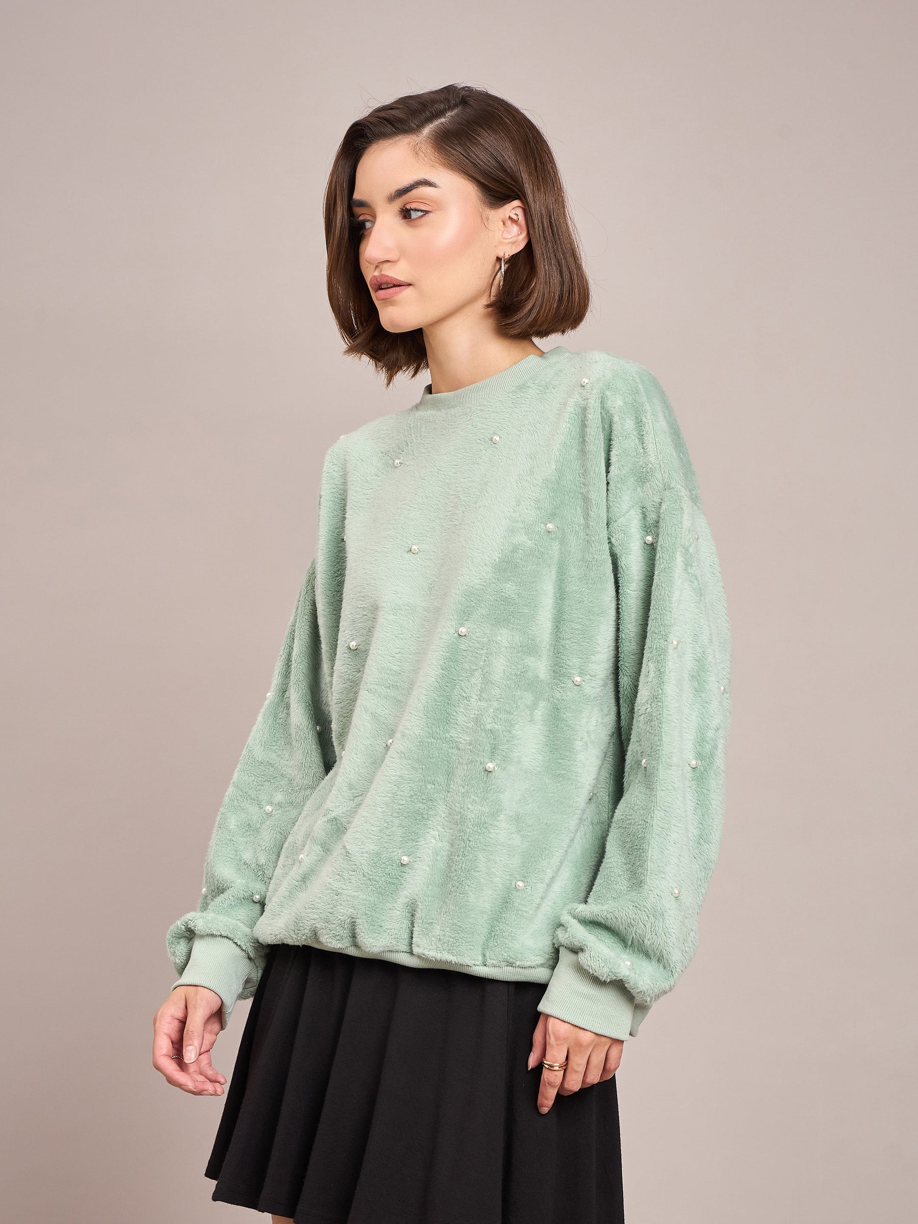 Sea Green Fur Pearl Sweatshirt-SASSAFRAS