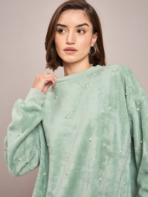 Sea Green Fur Pearl Sweatshirt-SASSAFRAS