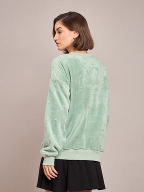 Sea Green Fur Pearl Sweatshirt-SASSAFRAS