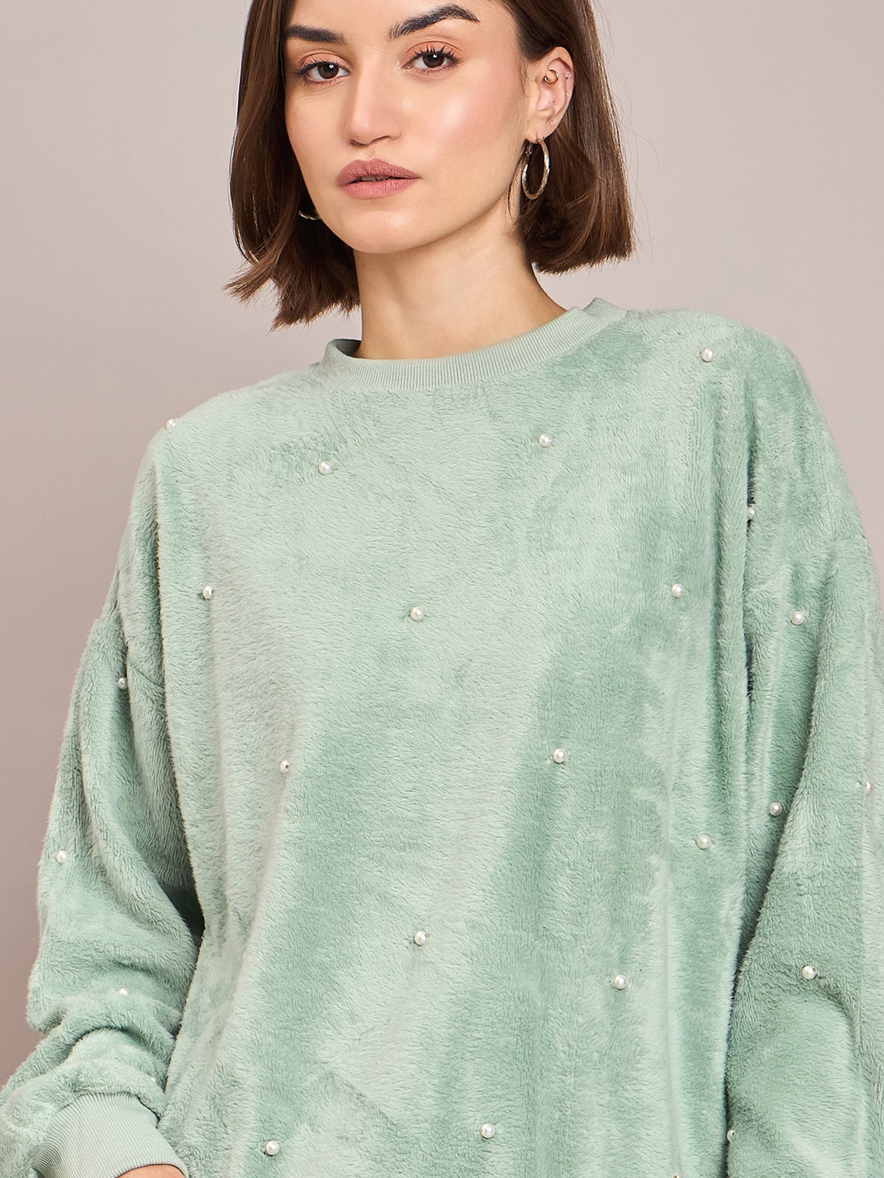 Sea Green Fur Pearl Sweatshirt-SASSAFRAS