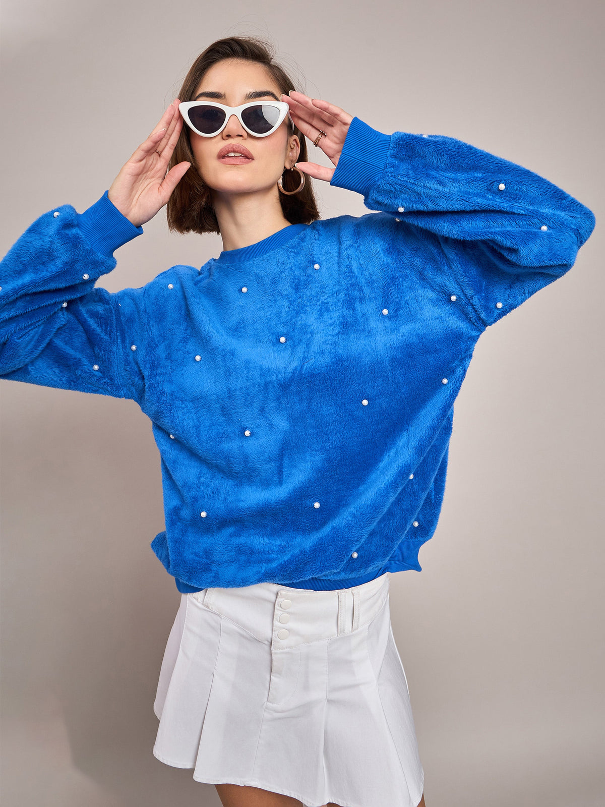 Royal Blue Fur Pearl Sweatshirt-SASSAFRAS