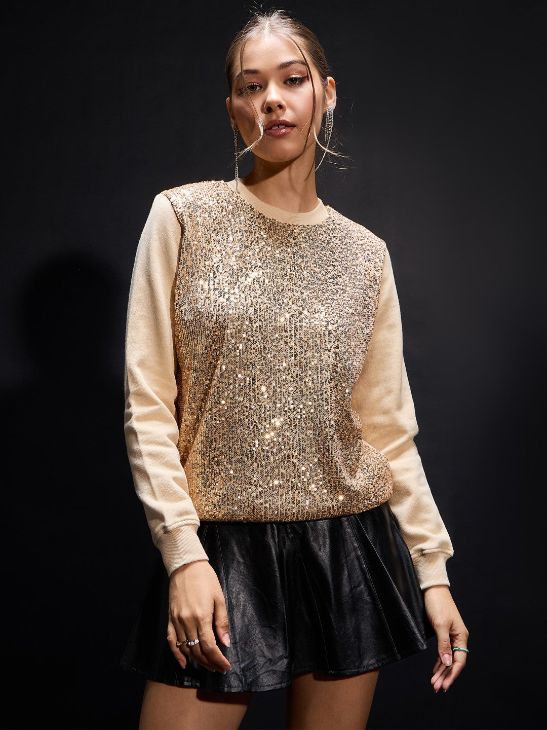 Beige Sequin Oversized Sweatshirt-SASSAFRAS