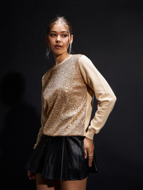 Beige Sequin Oversized Sweatshirt-SASSAFRAS