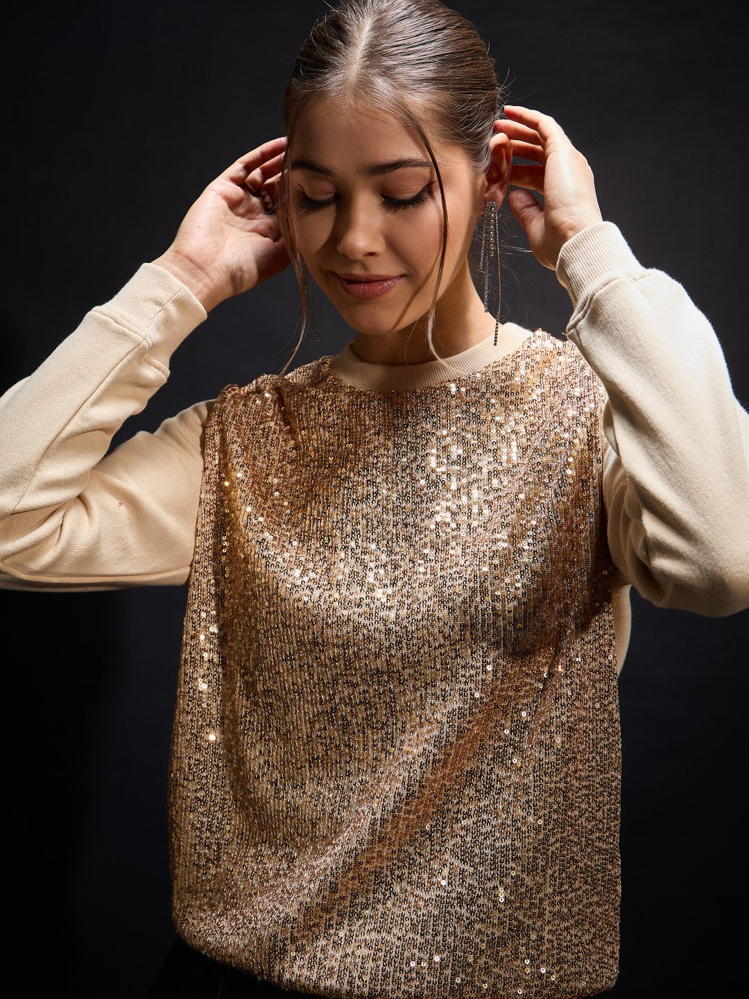 Beige Sequin Oversized Sweatshirt-SASSAFRAS