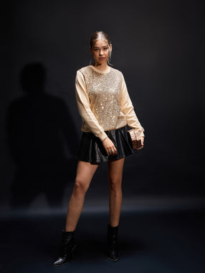 Beige Sequin Oversized Sweatshirt-SASSAFRAS