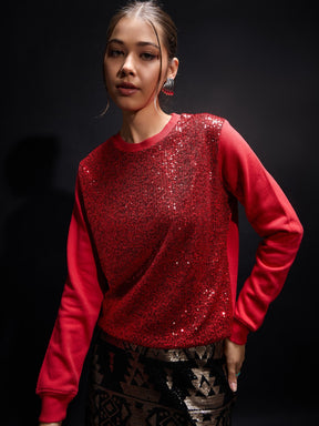 Red Sequin Oversized Sweatshirt-SASSAFRAS