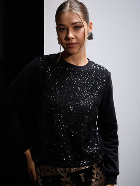 Black Sequin Oversized Sweatshirt-SASSAFRAS