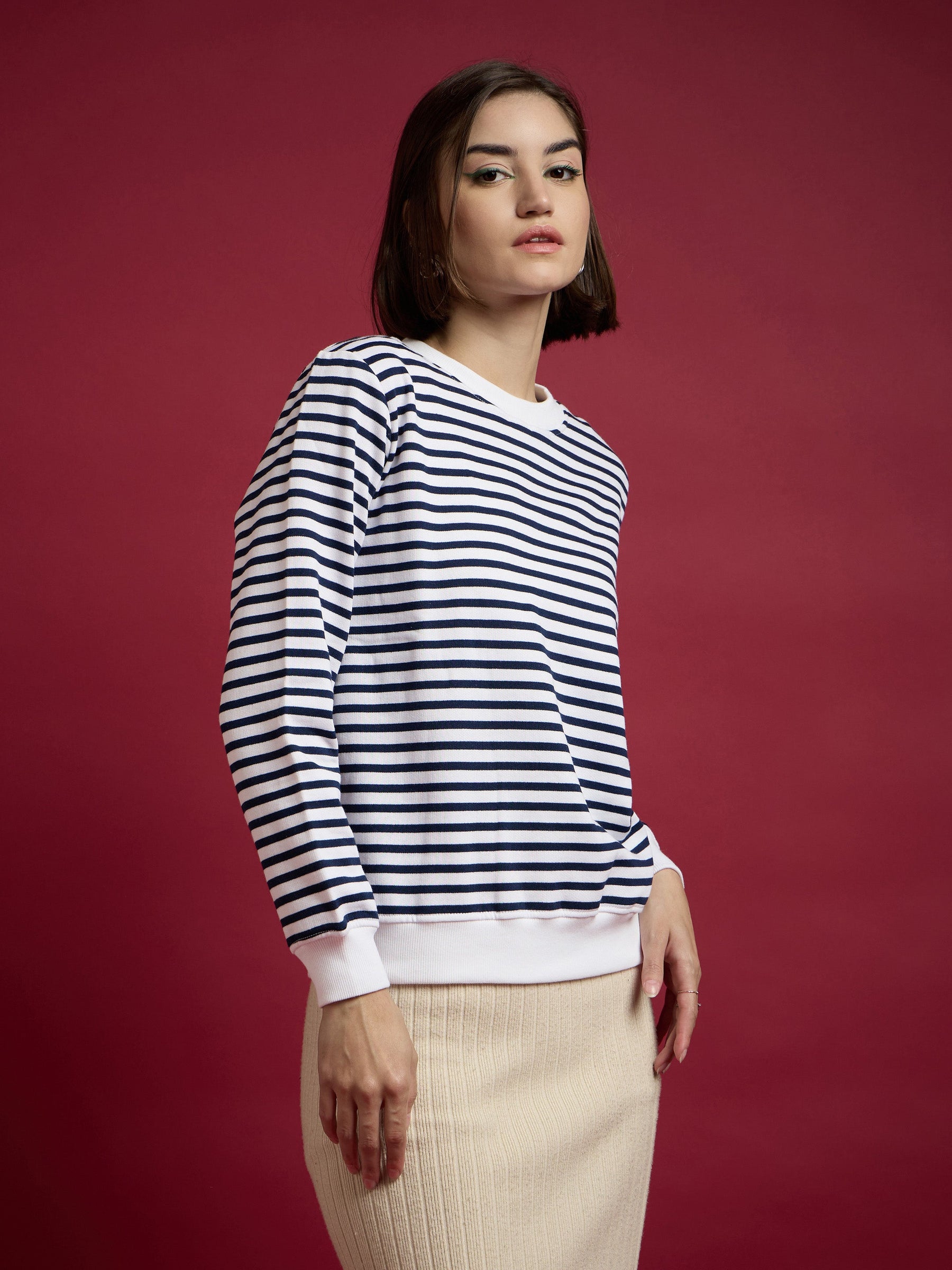 Navy & White Striped Fleece Sweatshirt-SASSAFRAS