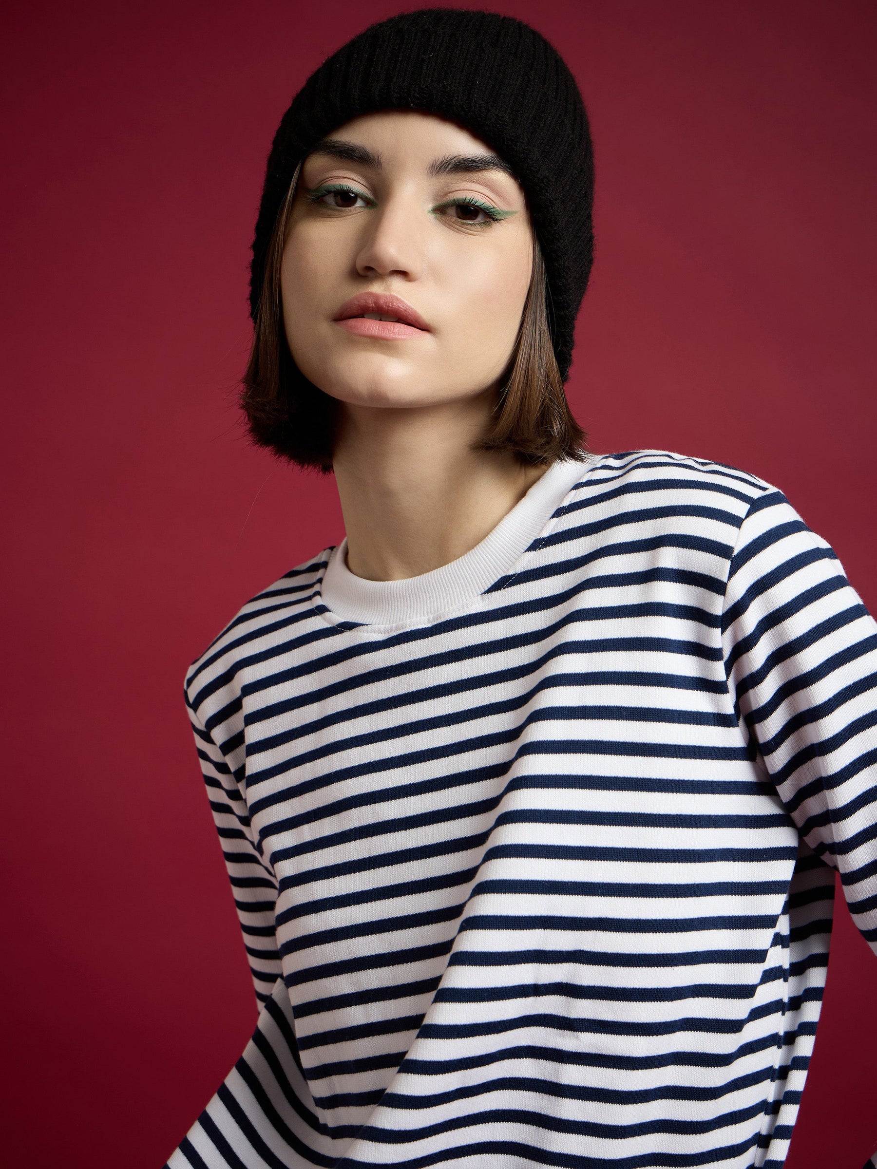 Navy & White Striped Fleece Sweatshirt-SASSAFRAS