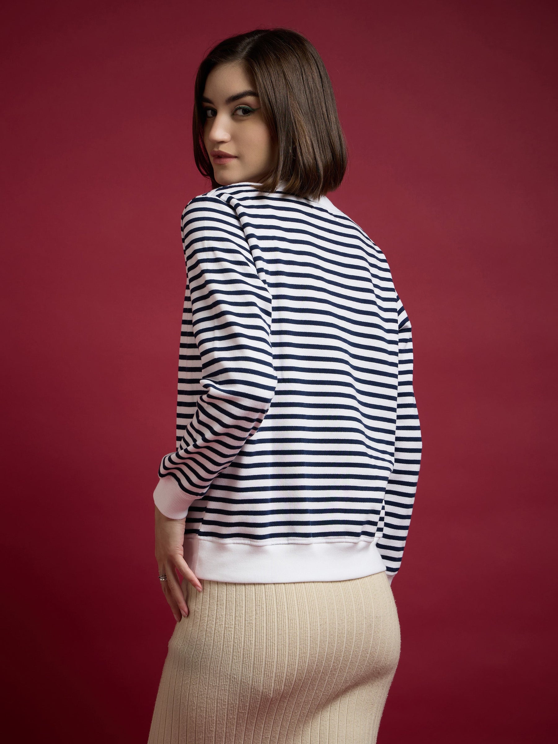 Navy & White Striped Fleece Sweatshirt-SASSAFRAS