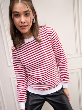 Red & White Striped Fleece Sweatshirt-SASSAFRAS