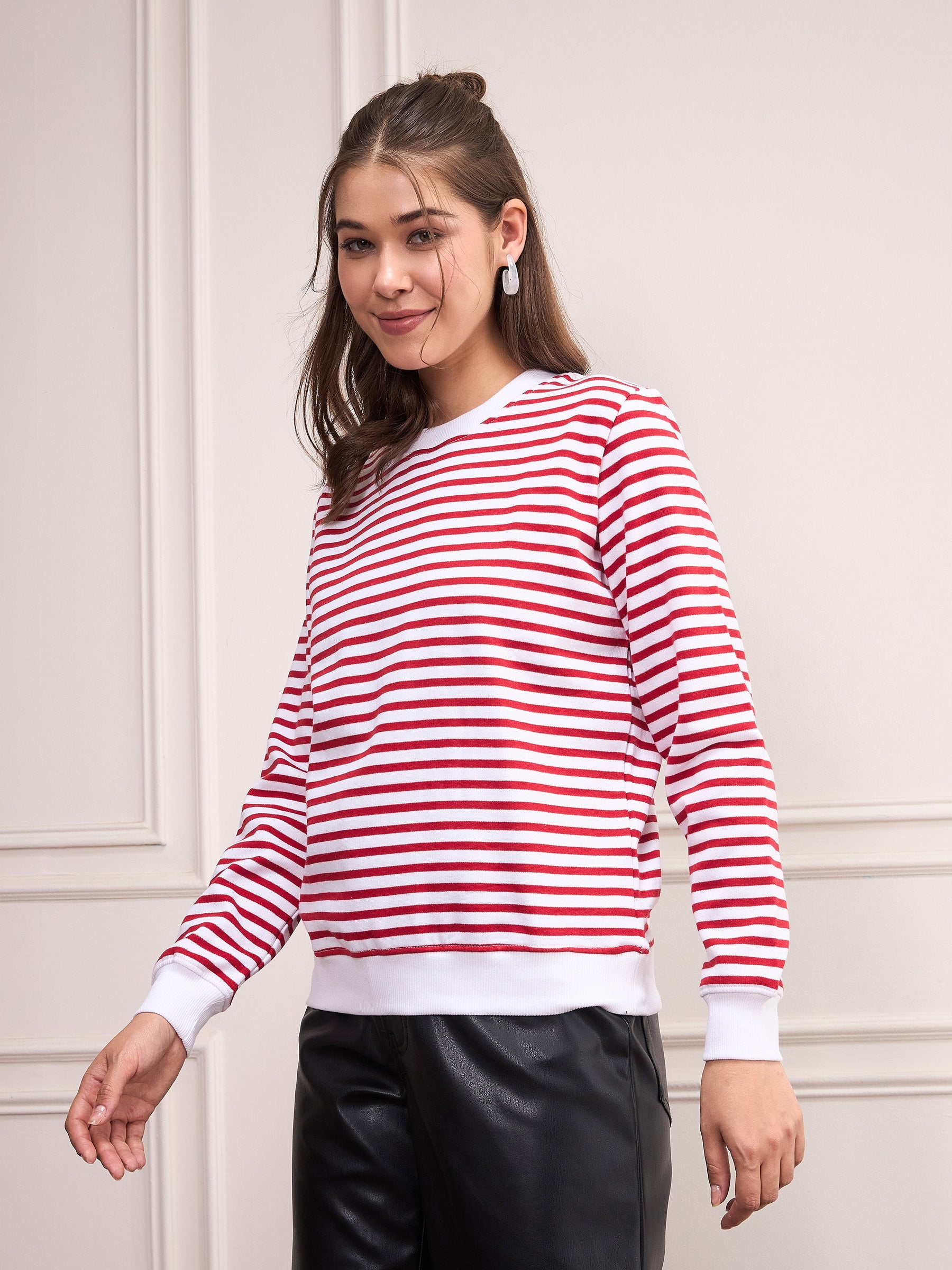 Red & White Striped Fleece Sweatshirt-SASSAFRAS