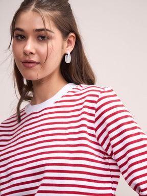 Red & White Striped Fleece Sweatshirt-SASSAFRAS