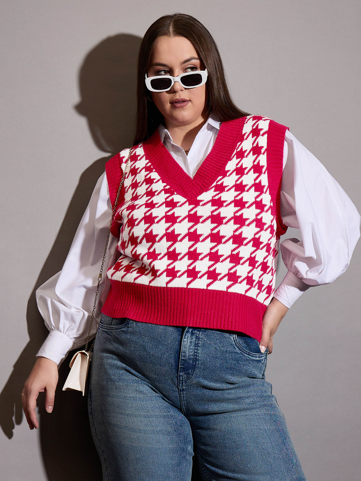 Red Houndstooth V-Neck Sweater Vest-SASSAFRAS Curve